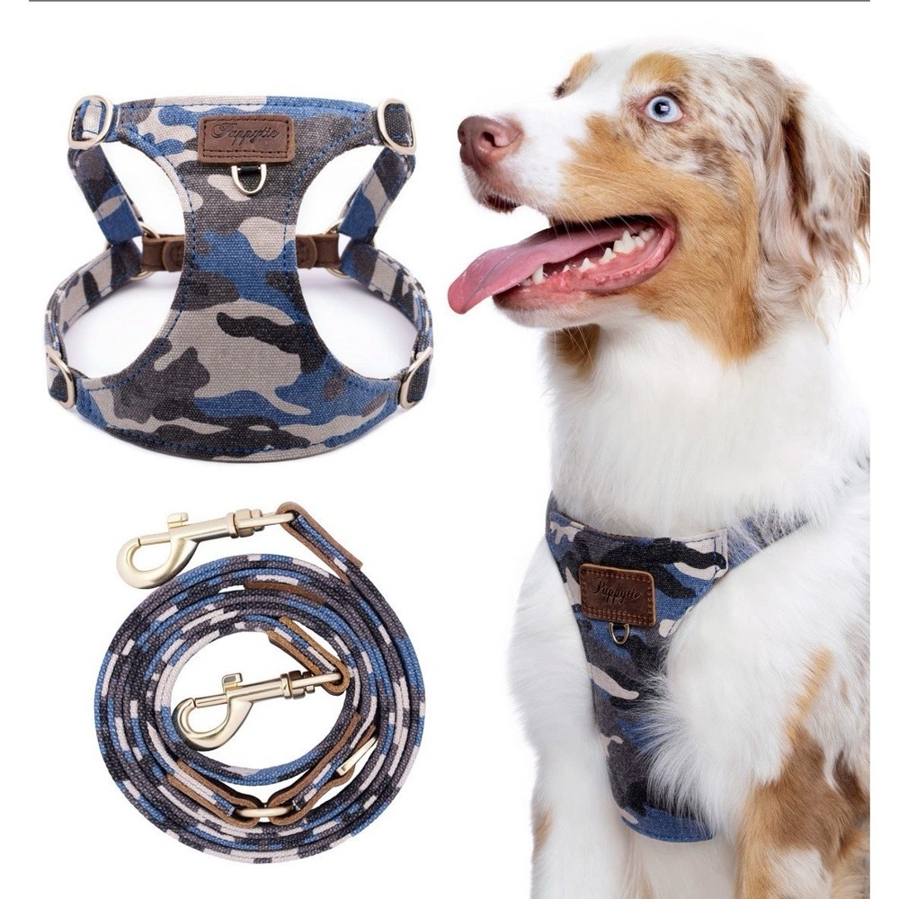 Blue Camo Canvass Dog Harness And Matching Leash By‎ Puppies Medium